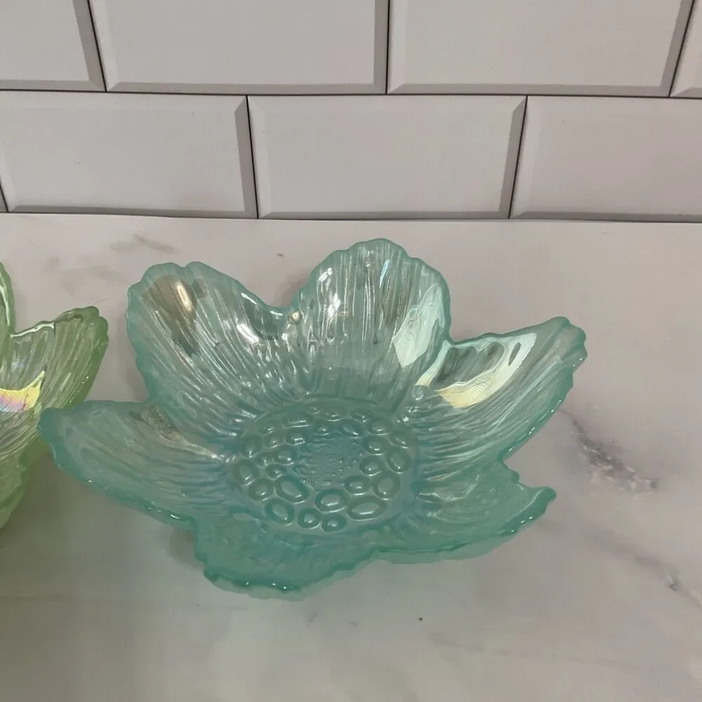 Akcam Iridescent Frosted Flower Shape Art Glass Bowl Handmade In Turkey Set of 2